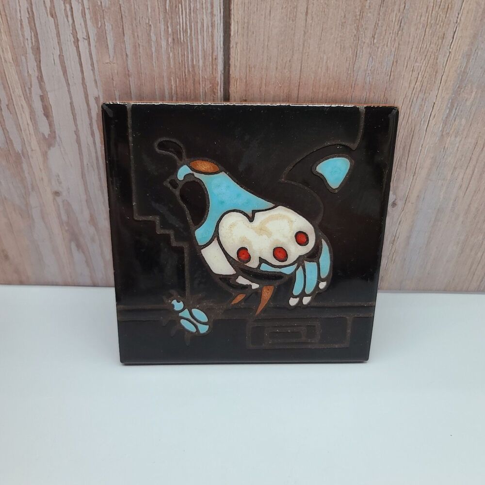 Cleo Teissedre Hand Painted Ceramic Tile Bird & Insect Design Vintage
